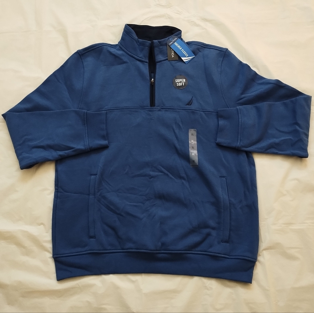 Nautica Sueded Fleece Sweater Pullover Navy Blue 1/4 Zip Stand-Up Collar NWT XL